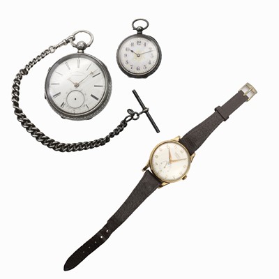 Lot 36 - A gold Trebex mechanical strap watch, a silver pocket watch and a silver fob watch