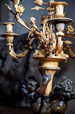 Lot 58 - A pair of large gilt-bronze, bronze, and porphyry candelabra after Jean-Louis Prieur