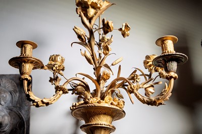Lot 58 - A pair of large gilt-bronze, bronze, and porphyry candelabra after Jean-Louis Prieur