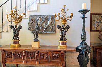 Lot 58 - A pair of large gilt-bronze, bronze, and porphyry candelabra after Jean-Louis Prieur