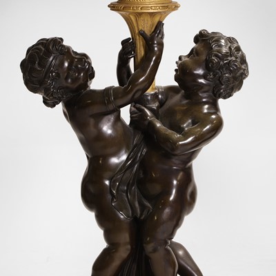 Lot 58 - A pair of large gilt-bronze, bronze, and porphyry candelabra after Jean-Louis Prieur