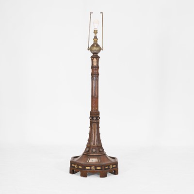 Lot 550 - An Aesthetic oak, ebonised and gilt standard lamp