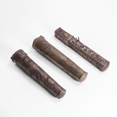Lot 138 - Three silver scroll holders