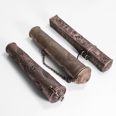 Lot 138 - Three silver scroll holders