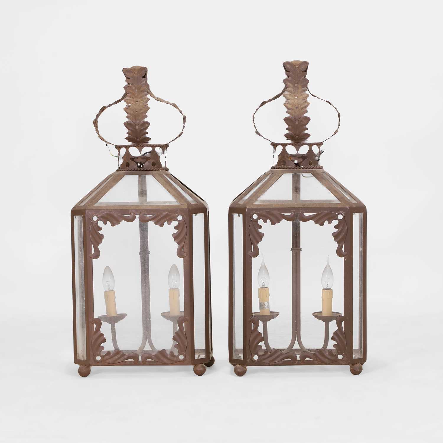 Lot 7 - A pair of large iron and glazed lanterns