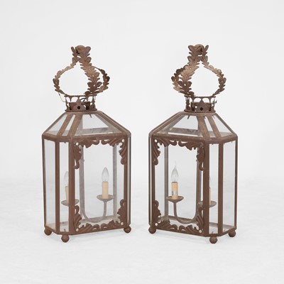 Lot 7 - A pair of large iron and glazed lanterns