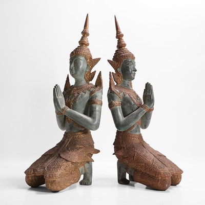 Lot 14 - A pair of patinated bronze 'Teppanom' angel kneeling figures