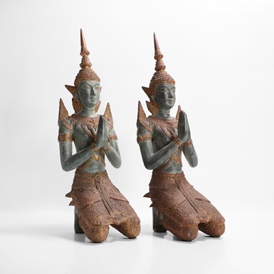 Lot 14 - A pair of patinated bronze 'Teppanom' angel kneeling figures