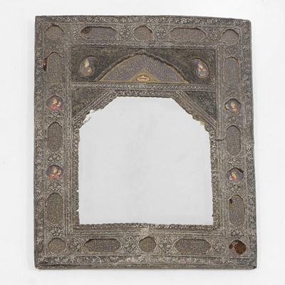 Lot 379 - A white-metal and enamel-mounted mirror