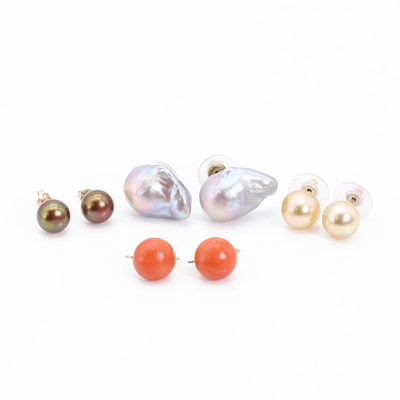 Lot 291 - A group of pearl earrings together with a pair of coral earrings