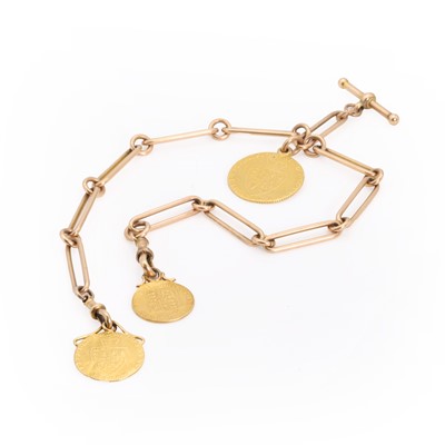 Lot 451 - A fetter link chain suspending three gold coins