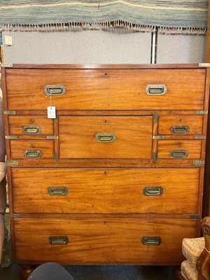 Lot 74 - A Victorian teak and brass secretaire campaign chest
