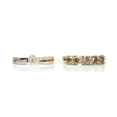 Lot 275 - A 9ct gold diamond cluster ring and a coloured diamond ring