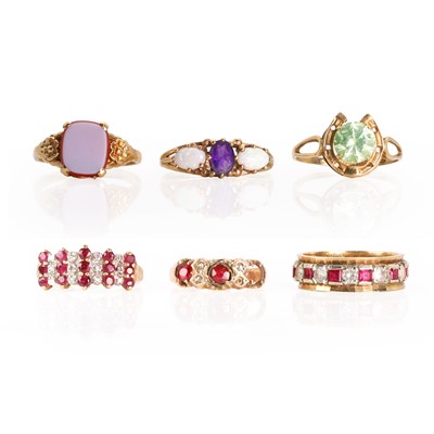 Lot 355 - A group of six 9ct gold gem set rings