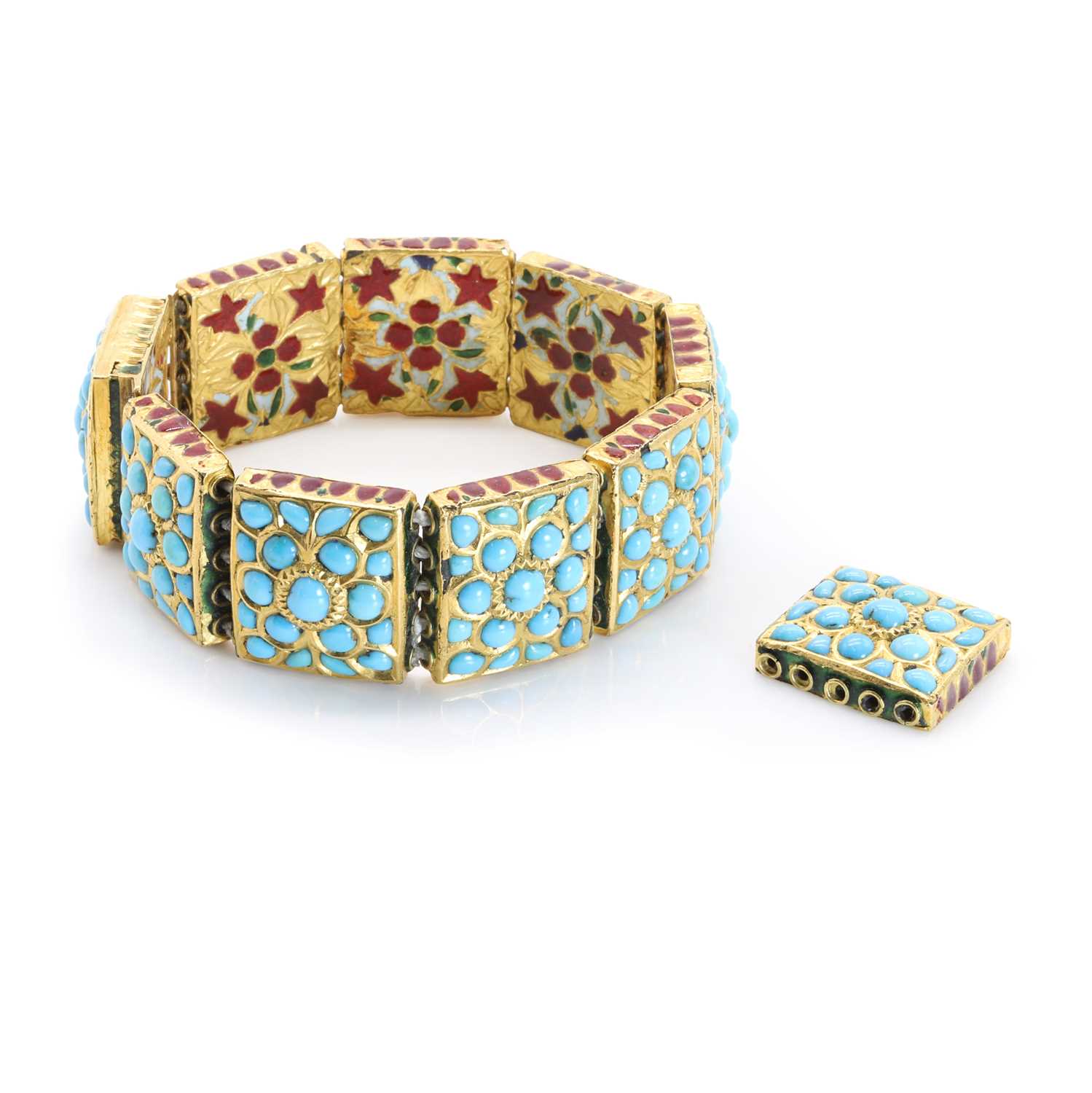 Lot 93 - An Indian turquoise and polychrome enamel panel bracelet