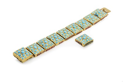 Lot 93 - An Indian turquoise and polychrome enamel panel bracelet