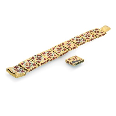 Lot 93 - An Indian turquoise and polychrome enamel panel bracelet