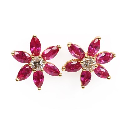 Lot 94 - A pair of 18ct gold ruby and diamond cluster stud earrings