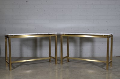 Lot 735 - A pair of brass and marble console tables
