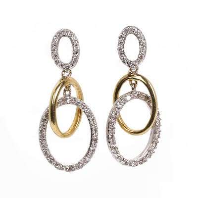 Lot 68 - A pair of 18ct two colour gold diamond drop earrings