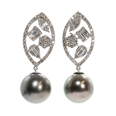 Lot 48 - A pair of 18ct white gold diamond and Tahitian pearl drop earrings