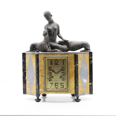 Lot 249 - An Art Deco spelter and marble mantle clock