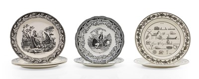 Lot 345 - A harlequin set of seven creamware transfer printed plates