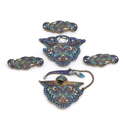 Lot 40 - A Russian silver cloisonné enamel belt buckle set