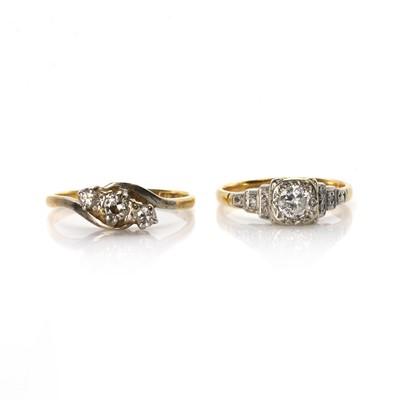 Lot 285 - An Art Deco diamond ring and a diamond three stone ring