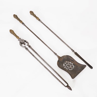 Lot 7 - A set of three brass and steel fire irons