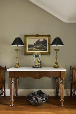 Lot 214 - A Victorian baronial oak and marble-topped hall table
