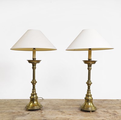 Lot 211 - A pair of Victorian brass altar table lamps