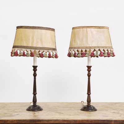 Lot 67 - A pair of mahogany candlestick table lamps