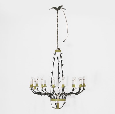 Lot 389 - A green-painted sixteen-light chandelier