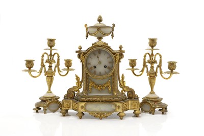 Lot 458 - A French ormolu and alabaster clock garniture