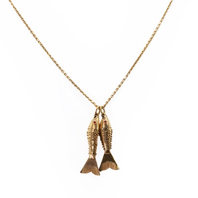 Lot 242 - Two articulated fish pendants and chain