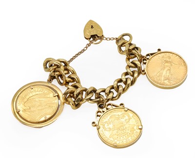 Lot 449 - A 9ct gold bracelet with three 20 dollar coins