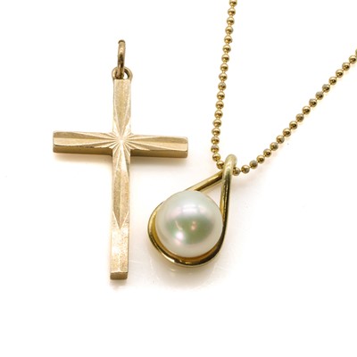 Lot 264 - An 18ct gold cultured pearl pendant and a 9ct gold cross pendant