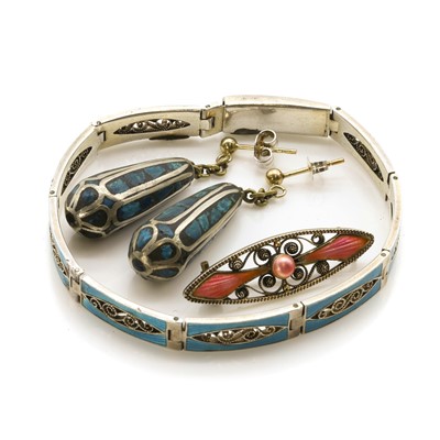 Lot 378 - A silver enamel panel bracelet and brooch, by Marius Hammer