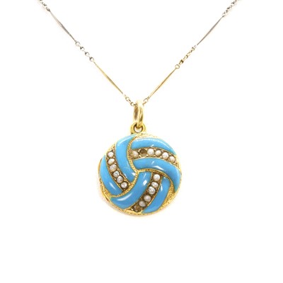 Lot 21 - A split pearl and turquoise enamel photo locket pendant