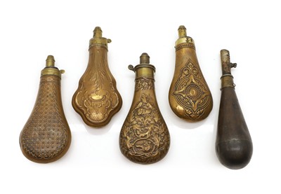 Lot 579 - Four Victorian copper and brass shot and powder flasks