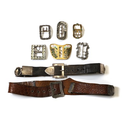 Lot 422 - Two silver and leather belts and a group antique buckles