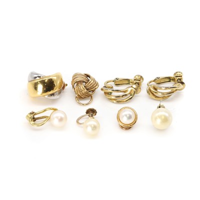 Lot 377 - A group of single gold clip earrings