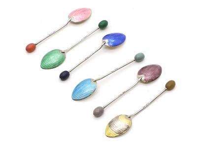 Lot 27 - A cased set of six enamelled coffee spoons