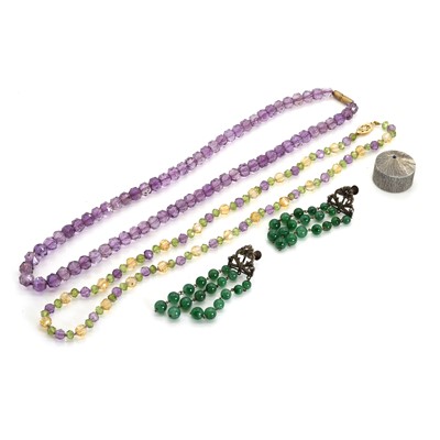 Lot 317 - A small group of bead jewellery and a silver pill box