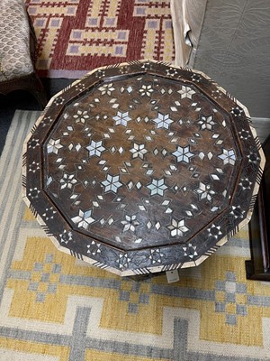Lot 432 - A wooden, mother-of-pearl, bone and metal-inlaid octagonal table