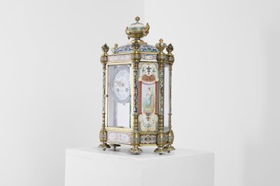 Lot 454 - A gilt-brass, champlevé enamel and porcelain-mounted mantel clock