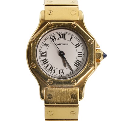 Lot 357 - A ladies' 18ct gold Cartier Santos Octagon automatic bracelet watch