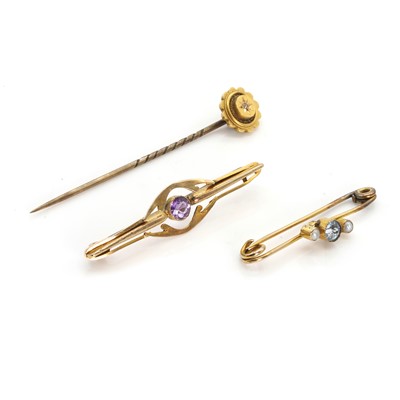 Lot 1316 - Two Edwardian bar brooches and a stick pin