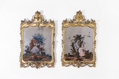 Lot 236 - A pair of George III giltwood reverse-painted glass mirrors